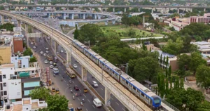 Chennai Metro train operating on elevated corridor in Chennai