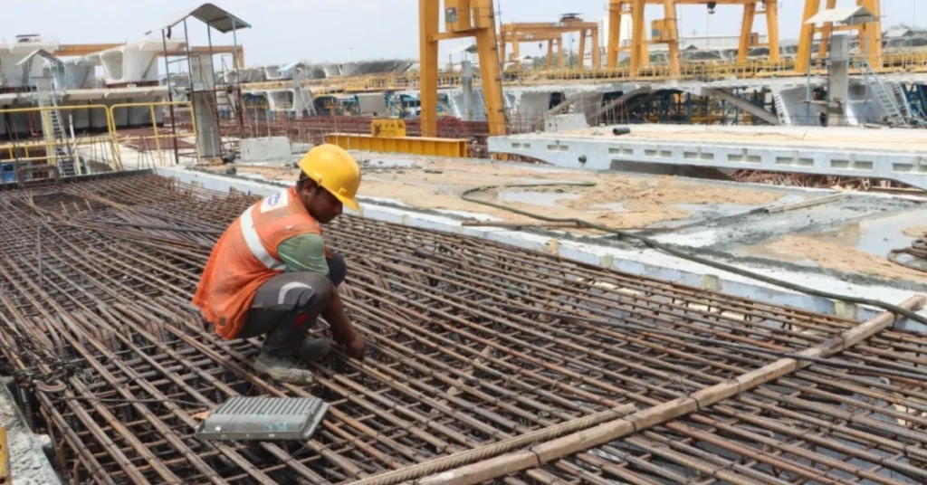 Construction work underway on the Chennai Port-Maduravoyal Double-Tier Elevated Corridor project