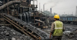 Coal washery facility in India with conveyor belts, worker and coal processing units
