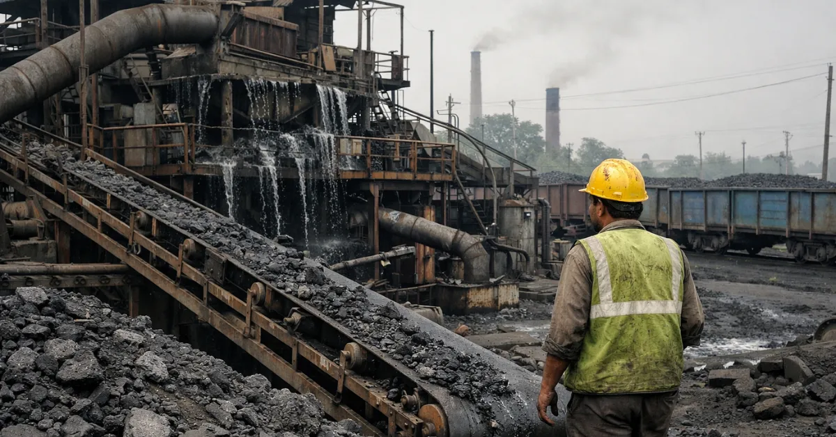 Coal washery facility in India with conveyor belts, worker and coal processing units