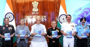 Rajnath Singh releasing Defence Forces Vision 2047 document with senior Indian military officials
