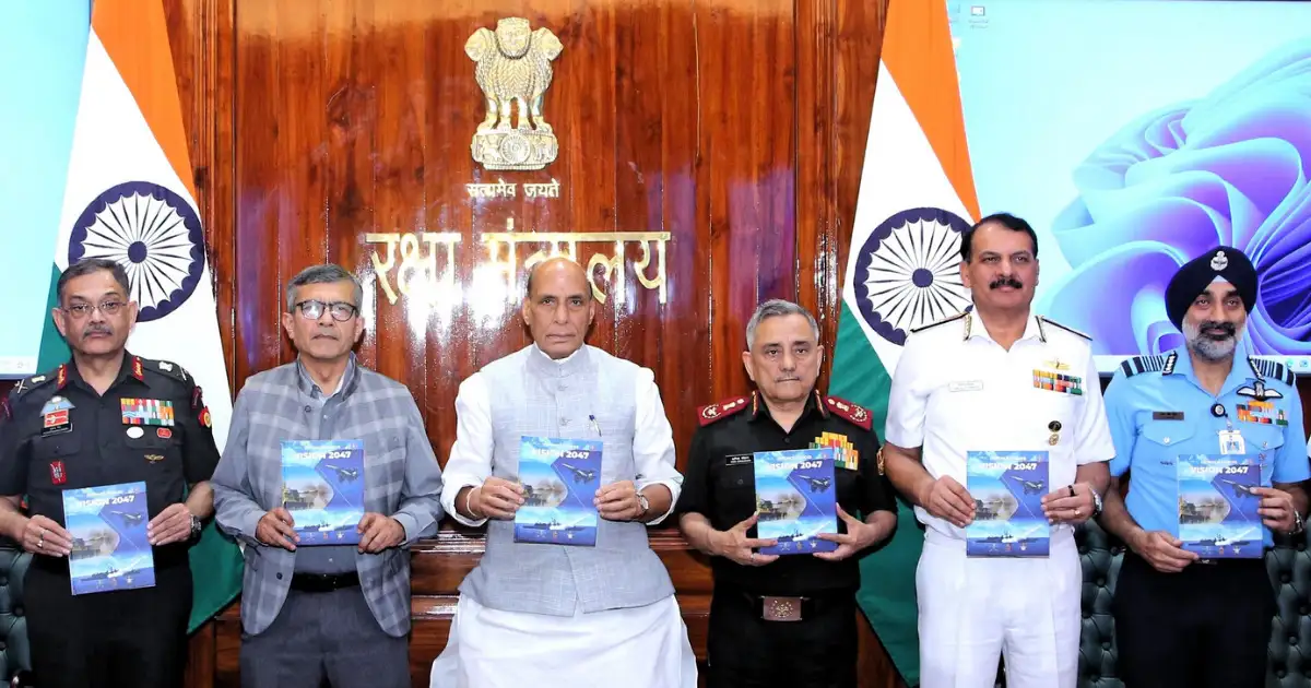 Rajnath Singh releasing Defence Forces Vision 2047 document with senior Indian military officials