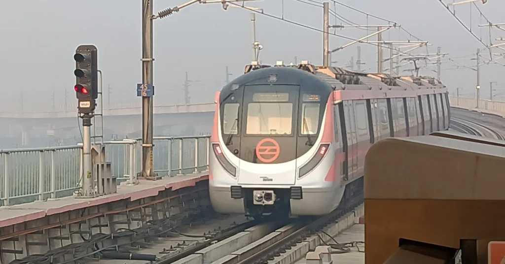 Delhi Metro train operating on the Pink Line corridor