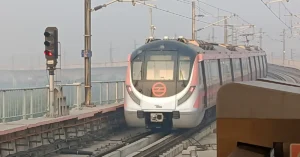 Delhi Metro train operating on the Pink Line corridor