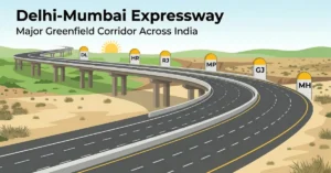 Infographic showing Delhi-Mumbai Expressway route across multiple states in India