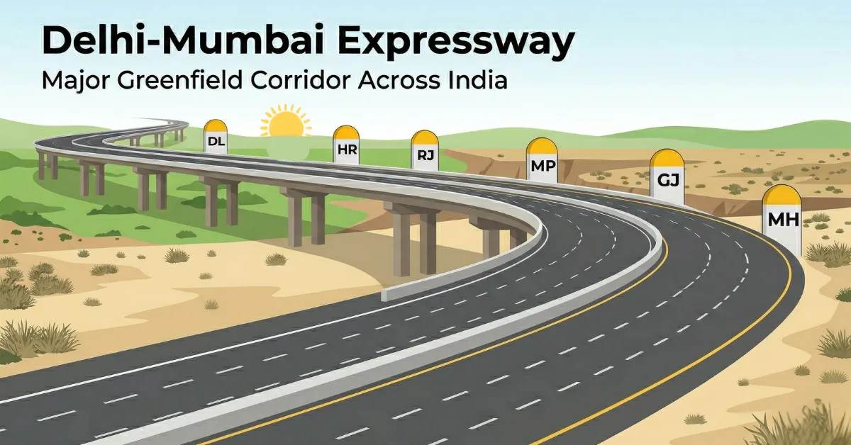 Infographic showing Delhi-Mumbai Expressway route across multiple states in India