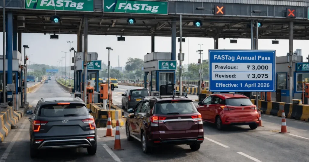 FASTag toll plaza sign showing annual pass fee revision from ₹3000 to ₹3075