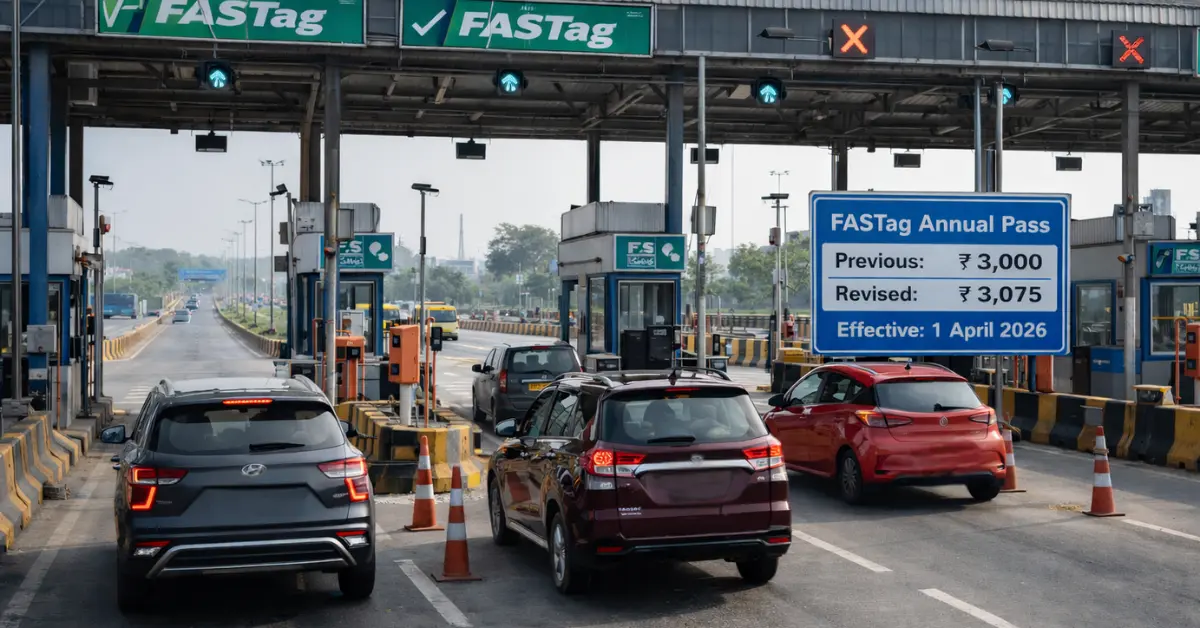 FASTag toll plaza sign showing annual pass fee revision from ₹3000 to ₹3075