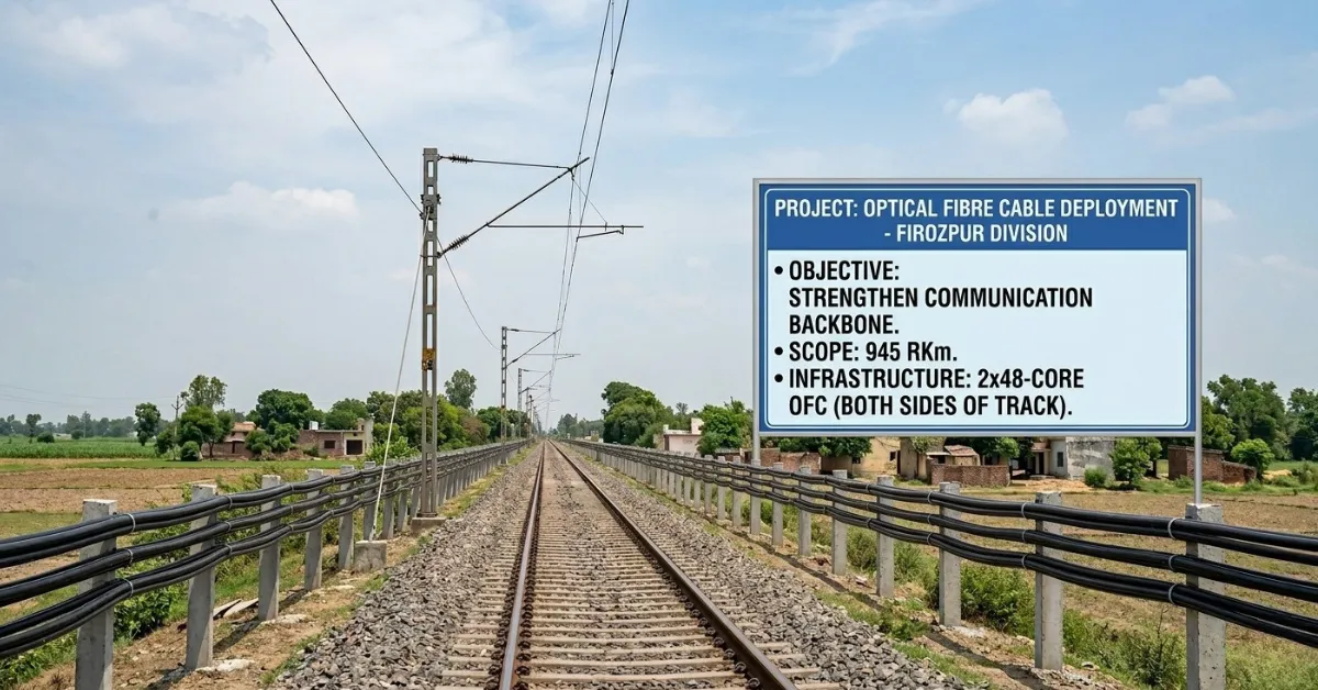 Optical fibre cable deployment infrastructure along railway tracks representing the Firozpur Division communication backbone project