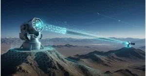 Conceptual representation of long-range free-space quantum key distribution communication system