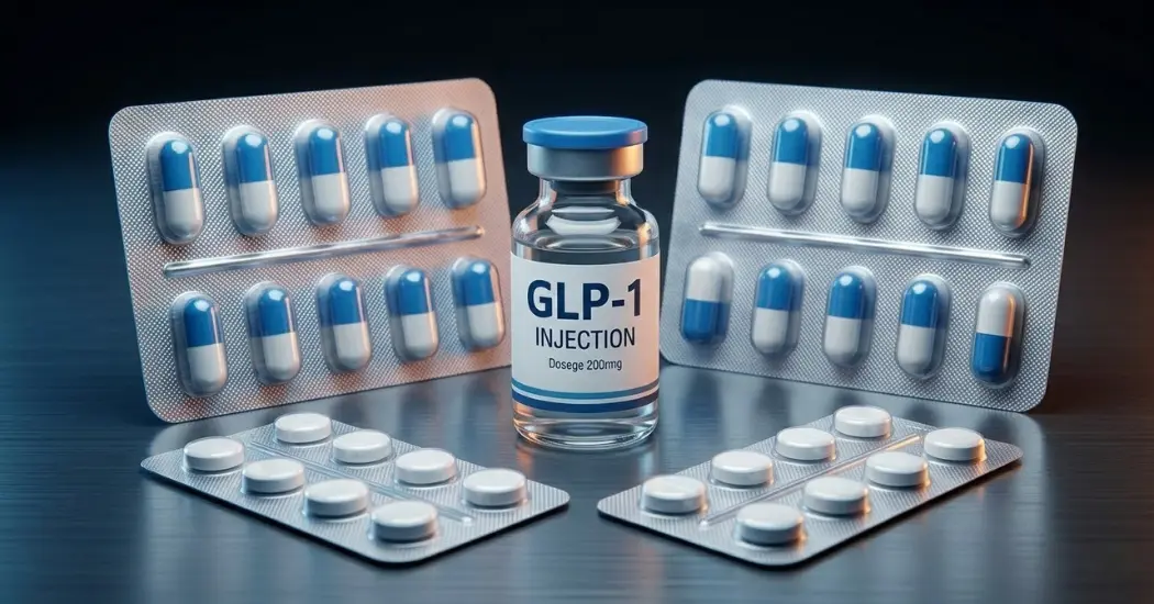 GLP-1 weight loss drugs injection vial and tablets