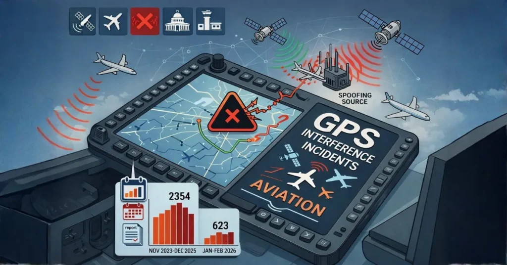 Illustration showing GPS spoofing and signal interference affecting aircraft navigation systems