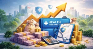Illustration showing health insurance growth with medical kit, policy documents and rising financial trend