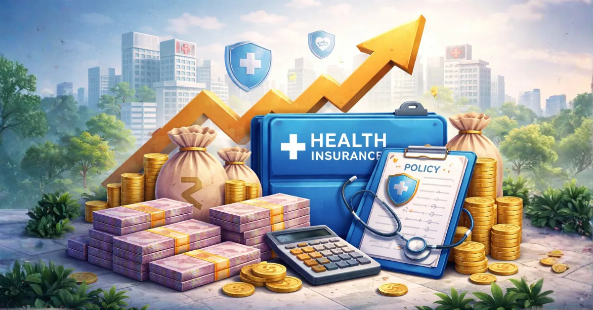 Illustration showing health insurance growth with medical kit, policy documents and rising financial trend