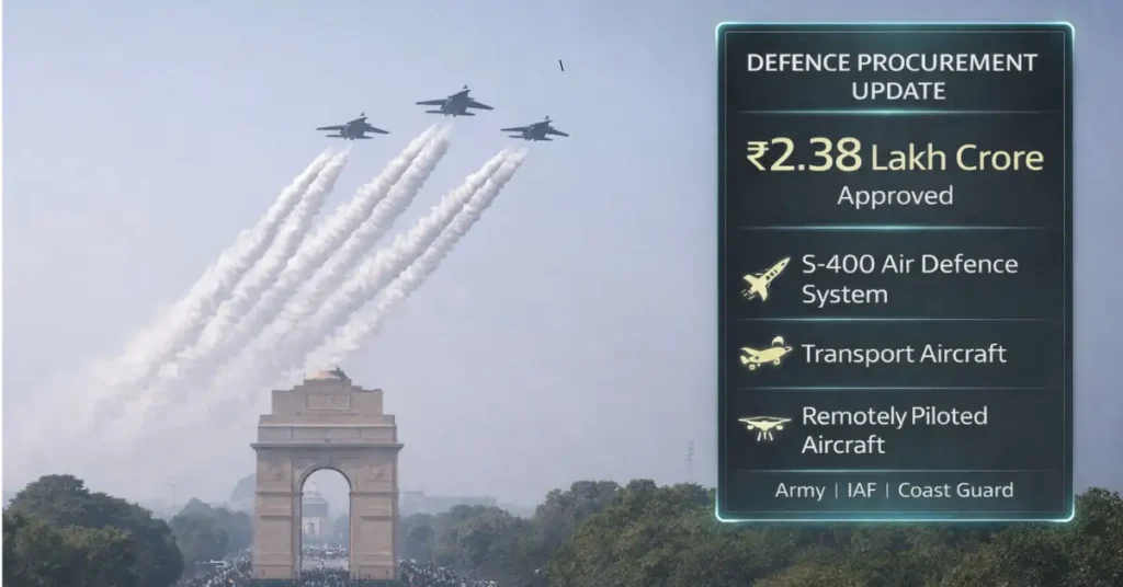 Fighter jets flying over India Gate with defence procurement update infographic overlay