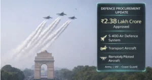 Fighter jets flying over India Gate with defence procurement update infographic overlay