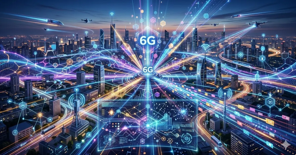 Concept illustration of 6G wireless networks connecting smart city infrastructure.