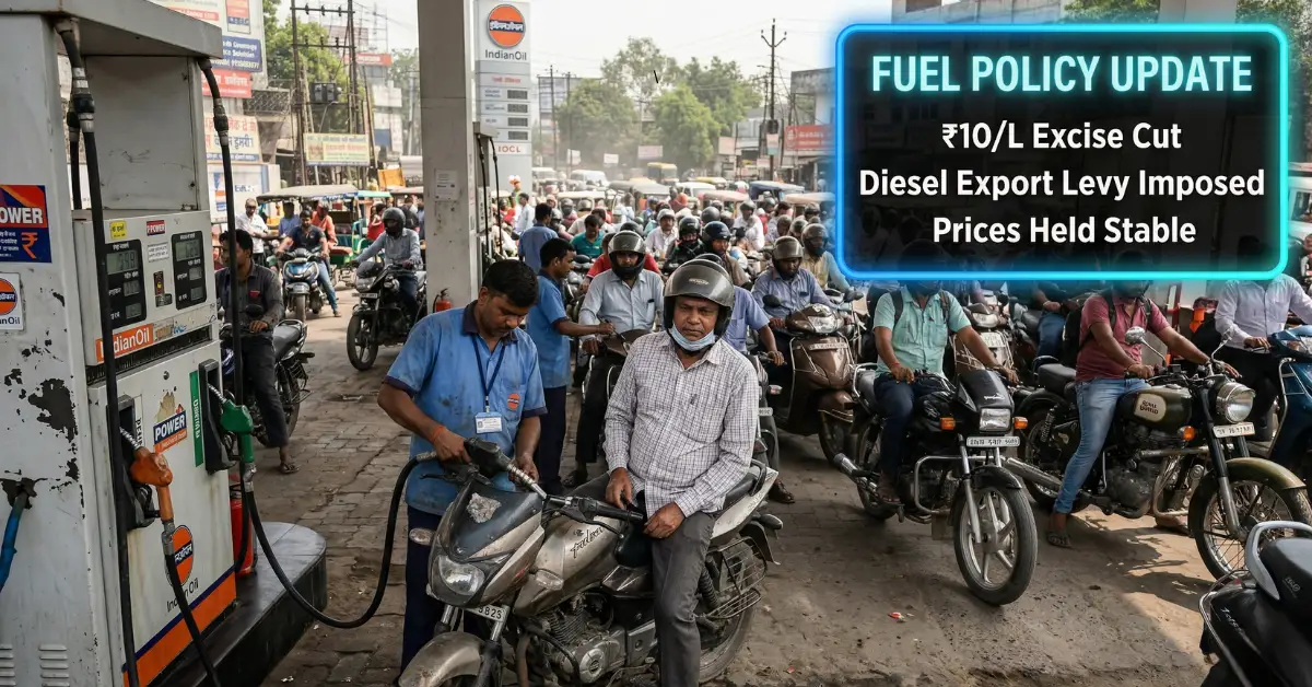Crowded petrol pump in India with people refuelling motorcycles and fuel policy update overlay