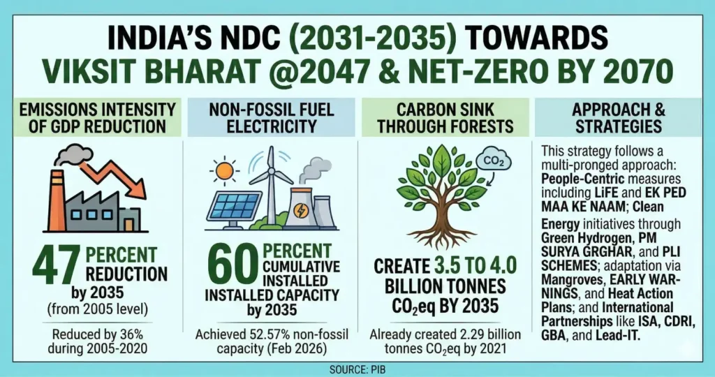 Infographic showing India NDC 2031-2035 targets including emissions reduction clean power and carbon sink goals