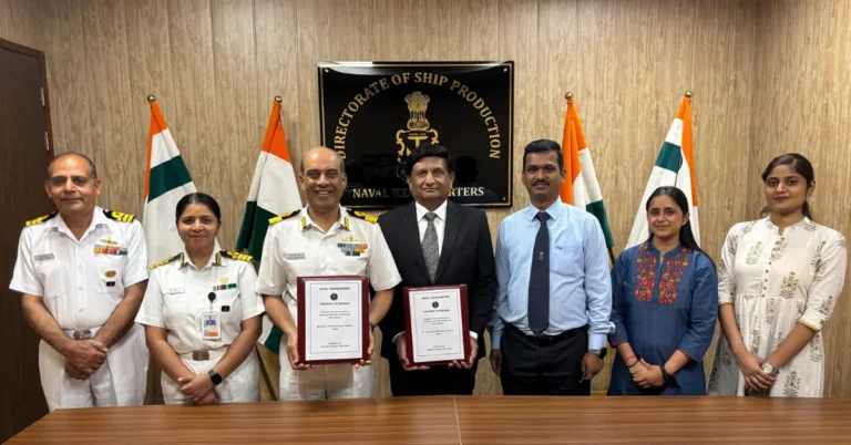 Indian Navy officials and Shoft Shipyard representatives at contract signing ceremony