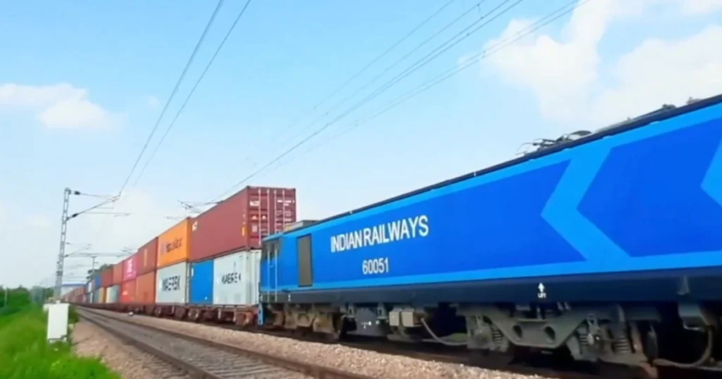 Indian Railways freight train carrying container cargo on the railway network.