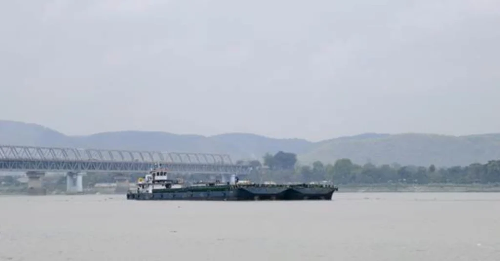 Cargo vessel transporting goods via Indo-Bangladesh Protocol Route near Pandu in Guwahati