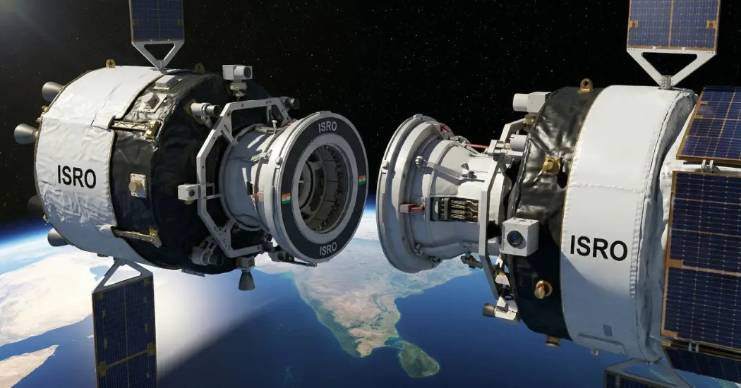 ISRO spacecraft docking experiment in Earth orbit showing two modules approaching
