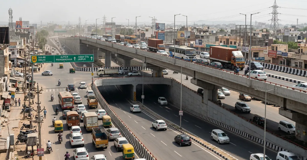 Flyover and underpass system at Jaipur Bypass Junction on NH-48 with moving traffic