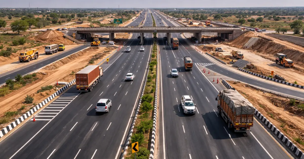 Six-lane national highway with flyover construction and service roads in Rajasthan