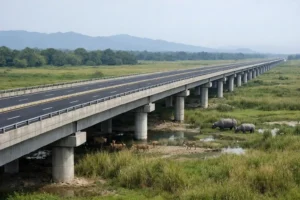 Highway corridor landscape near Kaziranga representing the Kaziranga Elevated Corridor project in Assam
