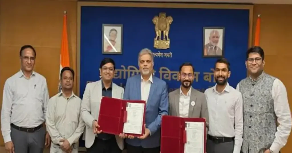 Officials from Technology Development Board and MiniMines Cleantech during lithium-ion battery recycling project support announcement.