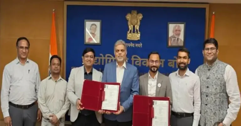 Officials from Technology Development Board and MiniMines Cleantech during lithium-ion battery recycling project support announcement.