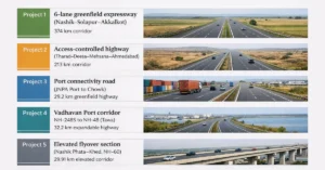 Infographic showing five expressway and access-controlled highway projects in Maharashtra and Gujarat
