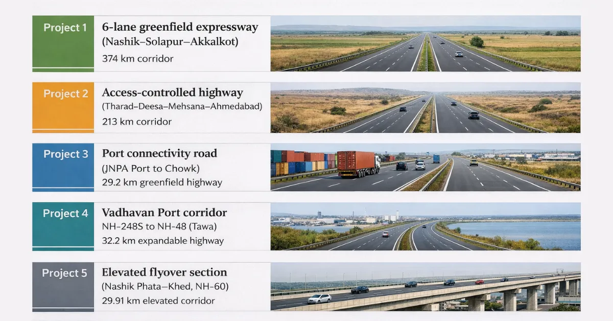 Infographic showing five expressway and access-controlled highway projects in Maharashtra and Gujarat
