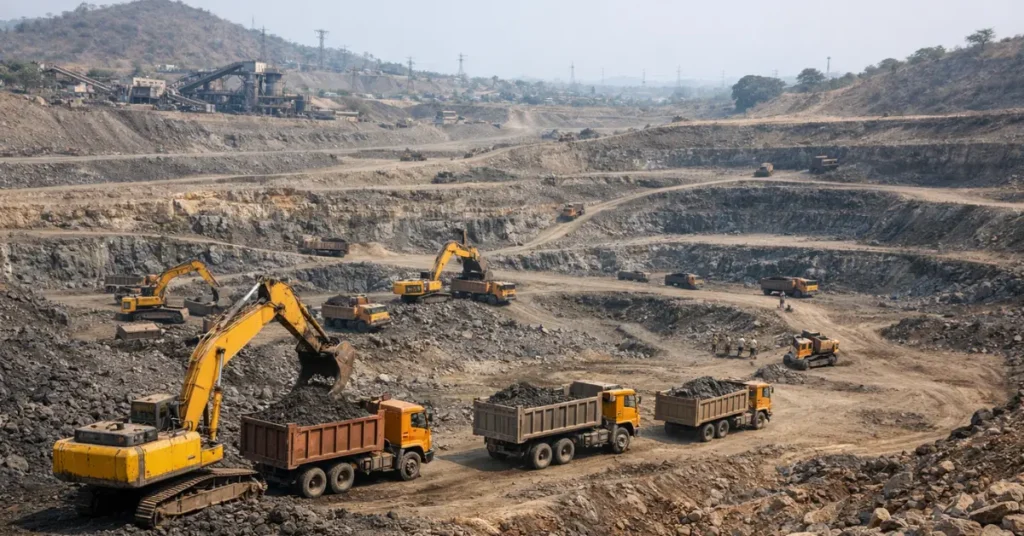 large-scale mineral block mining site with active excavation operations in India