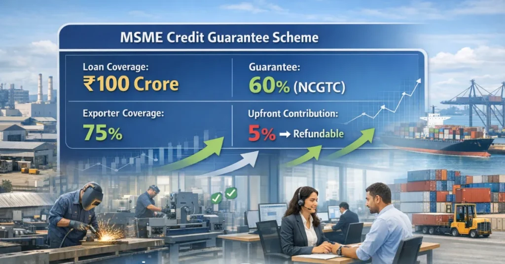 MSME credit guarantee scheme infographic showing loan coverage and exporter support in India