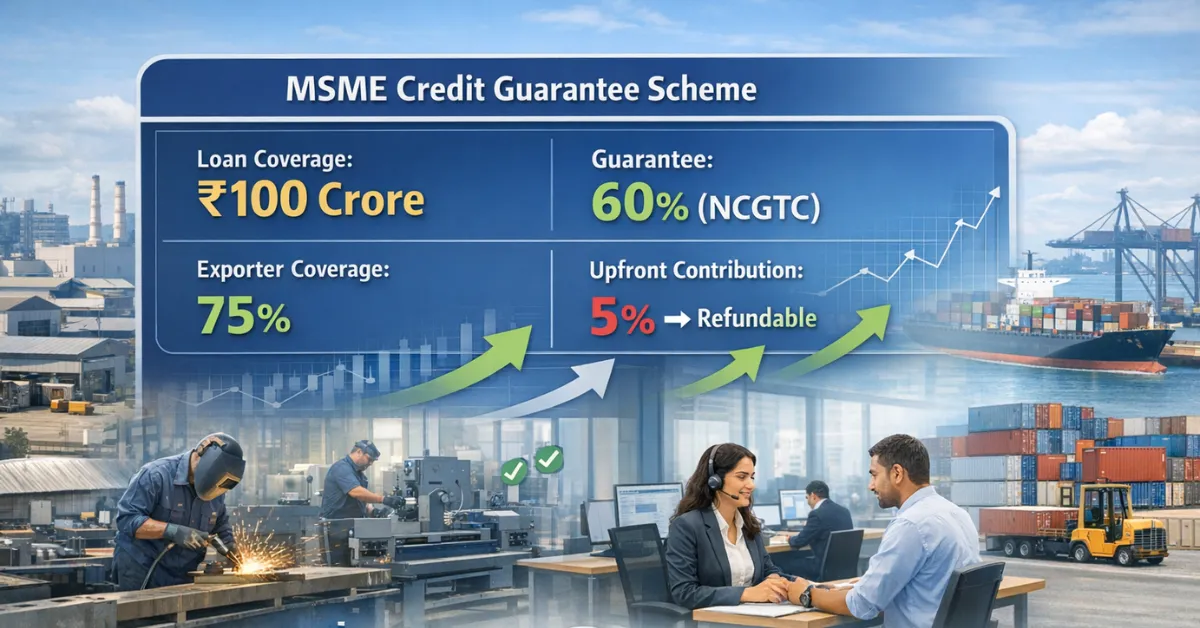 MSME credit guarantee scheme infographic showing loan coverage and exporter support in India