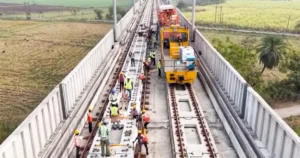 Track installation works on the Mumbai-Ahmedabad High-Speed Rail viaduct