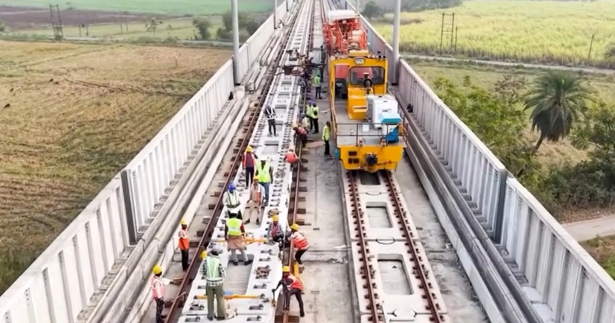 Track installation works on the Mumbai-Ahmedabad High-Speed Rail viaduct