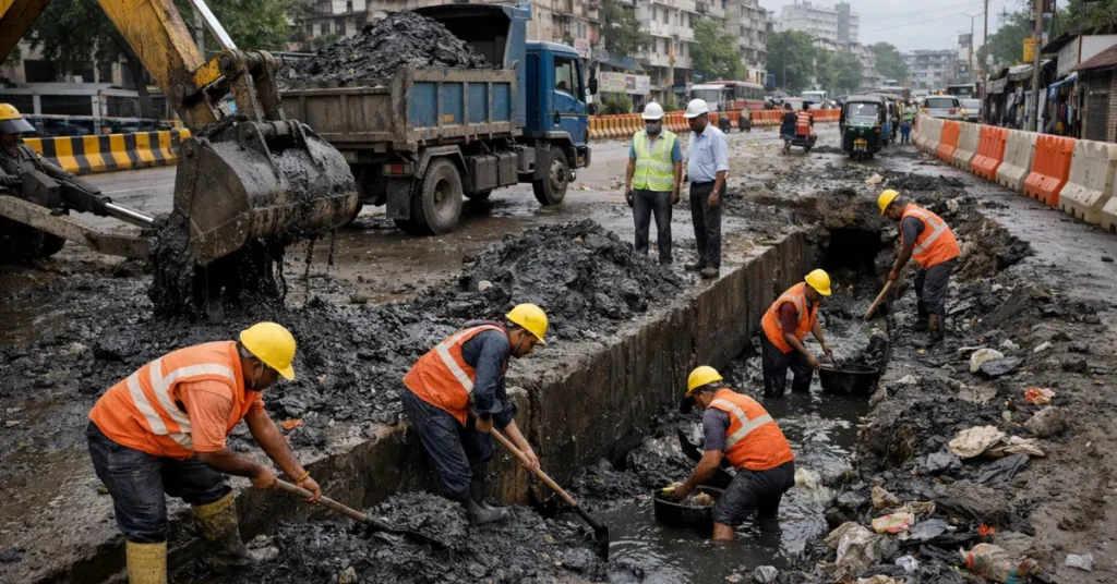 Municipal workers cleaning storm water drains in Mumbai ahead of the monsoon