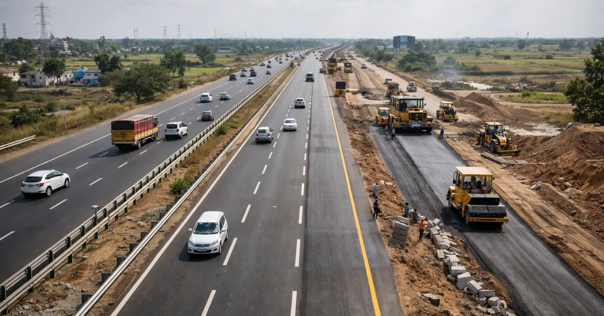 National Highways construction showing multi lane highway expansion in India