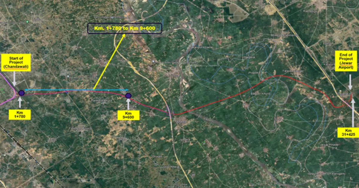 Alignment map of the greenfield highway corridor linking Delhi-Mumbai Expressway spur to Noida International Airport