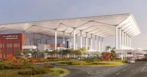 Architectural illustration of the terminal building at Noida International Airport in Jewar