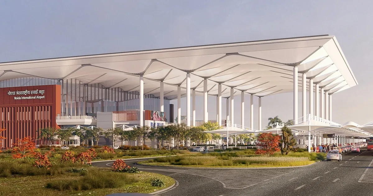Architectural illustration of the terminal building at Noida International Airport in Jewar