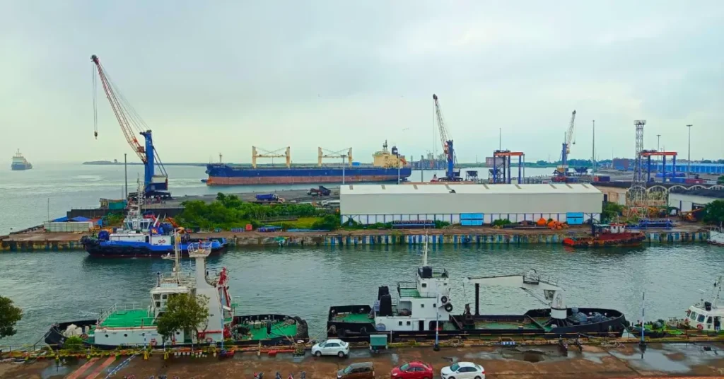 India’s major ports cargo operations at Paradip Port with cranes ships and dockyard
