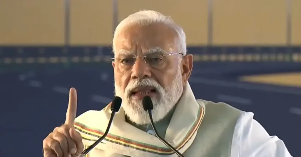 Prime Minister Narendra Modi speaking during the Bhoomi Pujan event for the Shillong-Silchar highway project in Silchar Assam