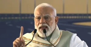 Prime Minister Narendra Modi speaking during the Bhoomi Pujan event for the Shillong-Silchar highway project in Silchar Assam