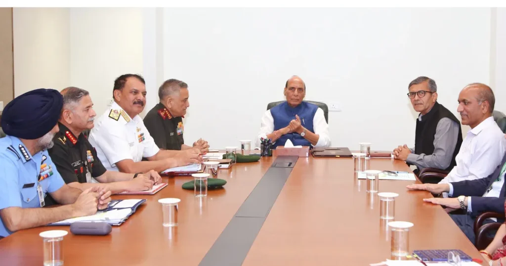 Rajnath Singh meeting with CDS and tri-services chiefs reviewing defence preparedness