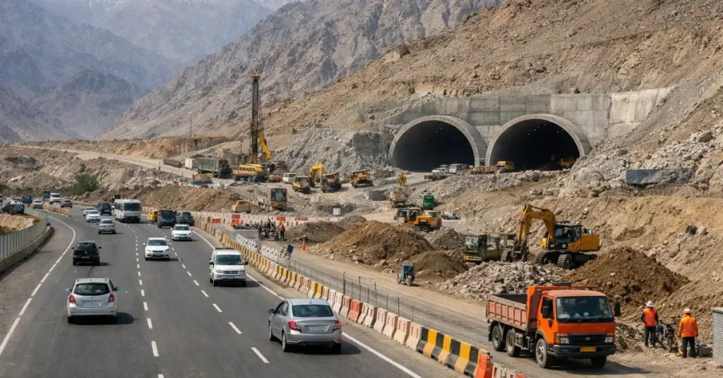 ₹1,882 crore road infra push showing highway expansion and mountain tunnel construction