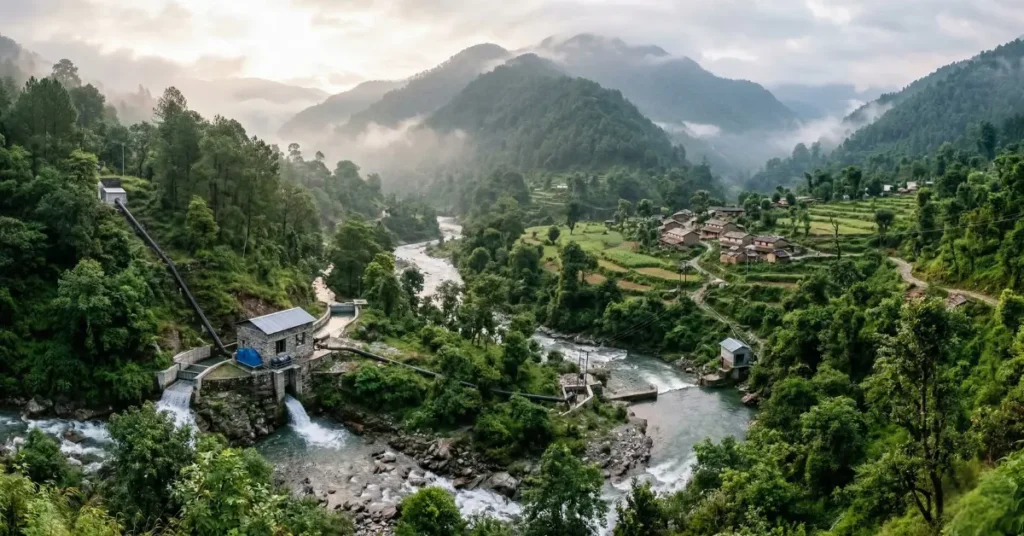 Small Hydro Power Scheme project showing hydro plant in hilly terrain